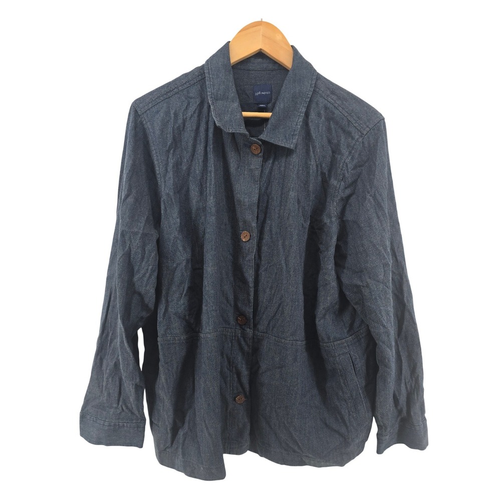 J. Jill Indigo Denim Jacket Women XL Blue Grey Sky Wash Button Chore Coat Cotton
